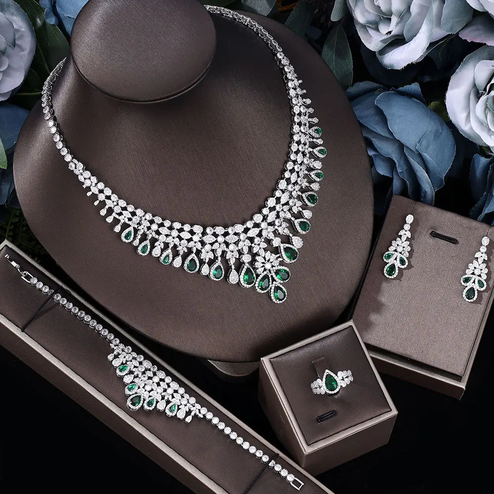 4 pieces of bride zirconia full set of women's party jewelry, luxury Dubai Nigeria CZ luxury crystal wedding necklace set