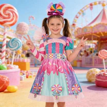 Girls Candy Fairy Lollipop Cosplay Costume Toddler Carnival Purim Rainbow Vestidos Girls Birthday Party Long Short Sleeves Dress