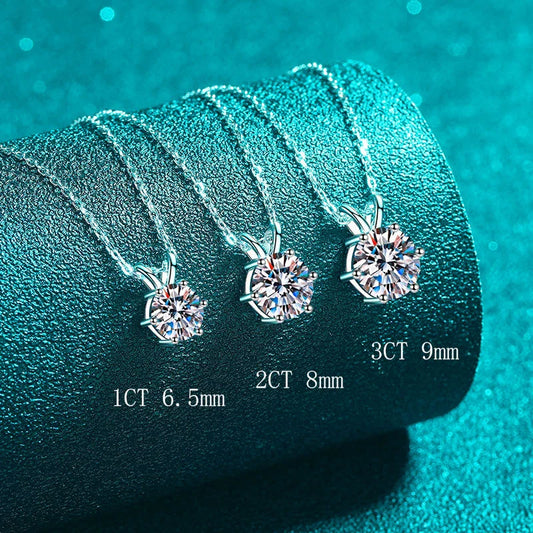 1-3CT Solitaire Moissanite Lab Diamond Necklace for Women Classic 6 Claws Sparkling Pendant 100% 925 Sterling Silver