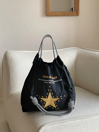 New Japanese-Style Embroidered Shopping Bag Y2K Style Large Five-Pointed Star Design Women's Shoulder Bag Lightweight Tote Bag Foldable Storage Suitable for Shopping Leisure Holiday Parties