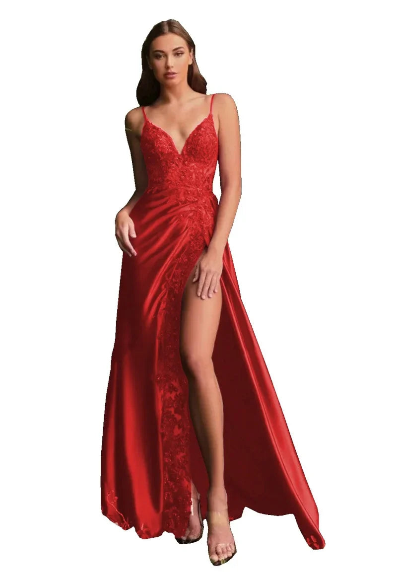 Women's Satin Appliques Prom Dresses with High Slit V Neck Mermaid Evening Gown Formal Party Dress