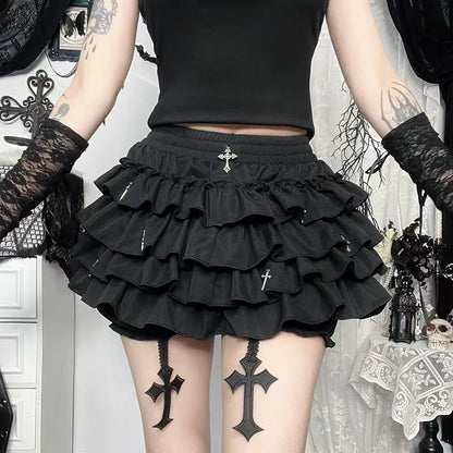 2026 Summer New Arrival Hot Girl Trendy Versatile Mini Skirt Dark Cross DesignTiered Cake Black Fluffy Skirts
