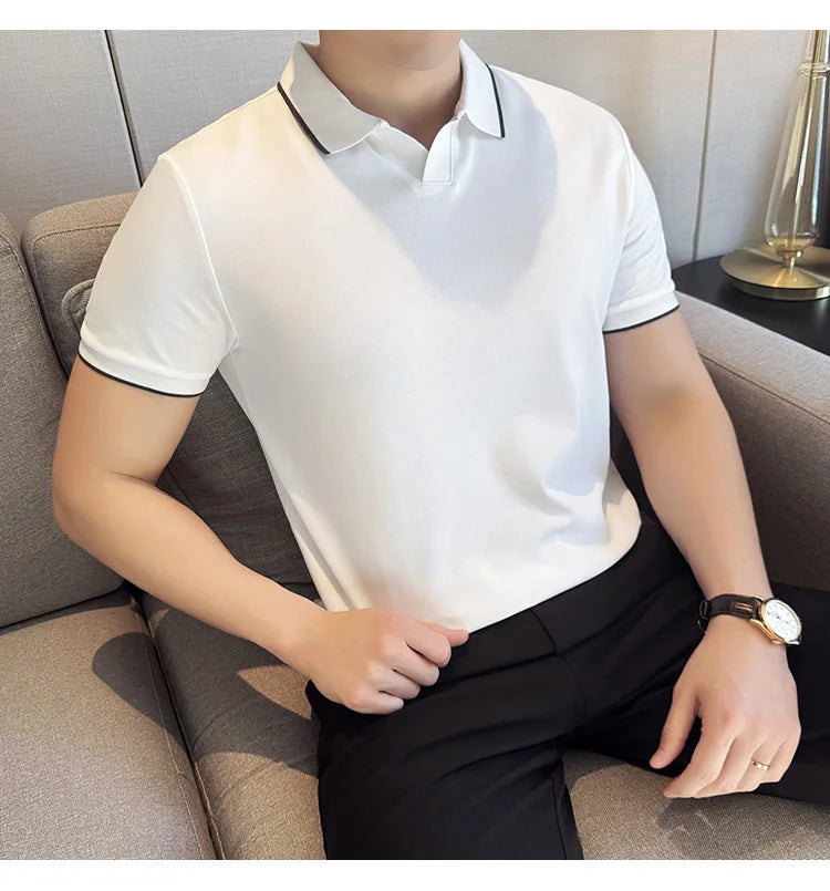 Business Casual Solid Color Men's Polo Shirt, 2024 Summer Classic, Men Short Sleeve V-neck T-shirt, Slim Fit Spliced Polo 4XL-M