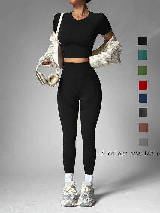 2Pcs Women's Sturdy Activewear Set, Breathable Waistless Short Sleeves and High Waist Pants, Yoga Gym Workout for Running,
