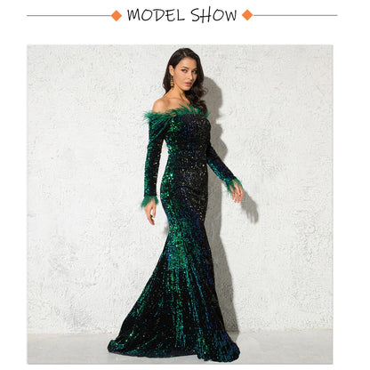 Sparkle Sequin Green Feathers Maxi Cocktail Dress Mermaid Off Shoulder Long Sleeves Stretch Wedding Party Gown Dresses 2025