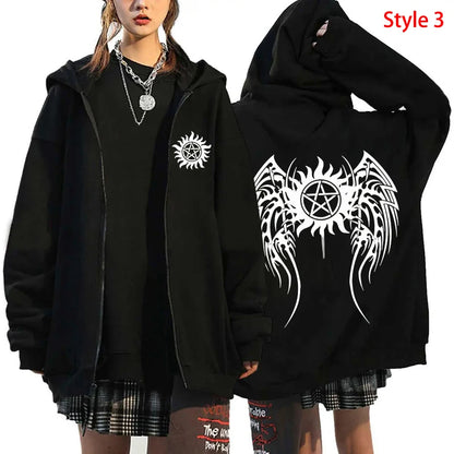 Fashion Unisex Autumn Winter Coat Supernatural Print Zipper Hoodie Casual Long Sleeve Tops Women Men Harajuku Zipper Sweatshirt