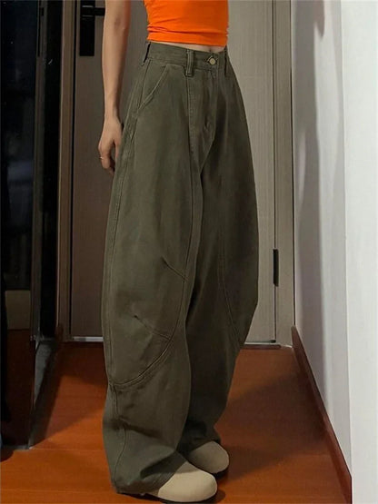 Army Green Baggye Jeans for Women High Waist Loose Vintage Y2k  Long Denim Pants Female Fashion Streetwear Washed Jeans