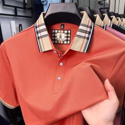 Fashion brand luxury short sleeve polo shirt men summer quality silky cotton breathable business casual striped collar T-shirt