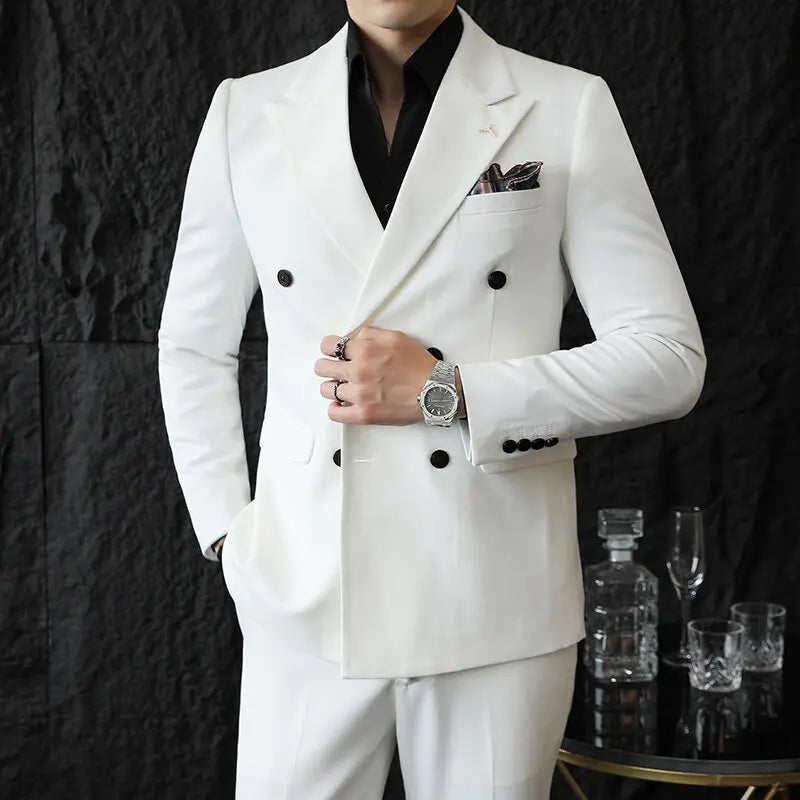 ( Blazers + Pants ) Boutique Fashion Solid Color Double-breasted Men's Casual Business Slim Suit 2-piece Set Groom Wedding Dress