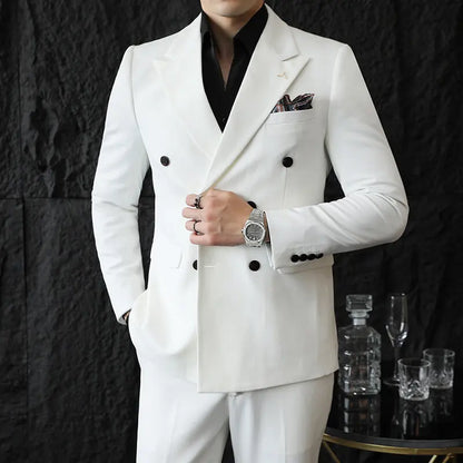 ( Blazers + Pants ) Boutique Fashion Solid Color Double-breasted Men's Casual Business Slim Suit 2-piece Set Groom Wedding Dress
