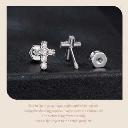 White Gold Plated Moissanite Cross Necklace & Earrings for Women, 925 Sterling Silver Small Religious Faith Xmas Jewelry