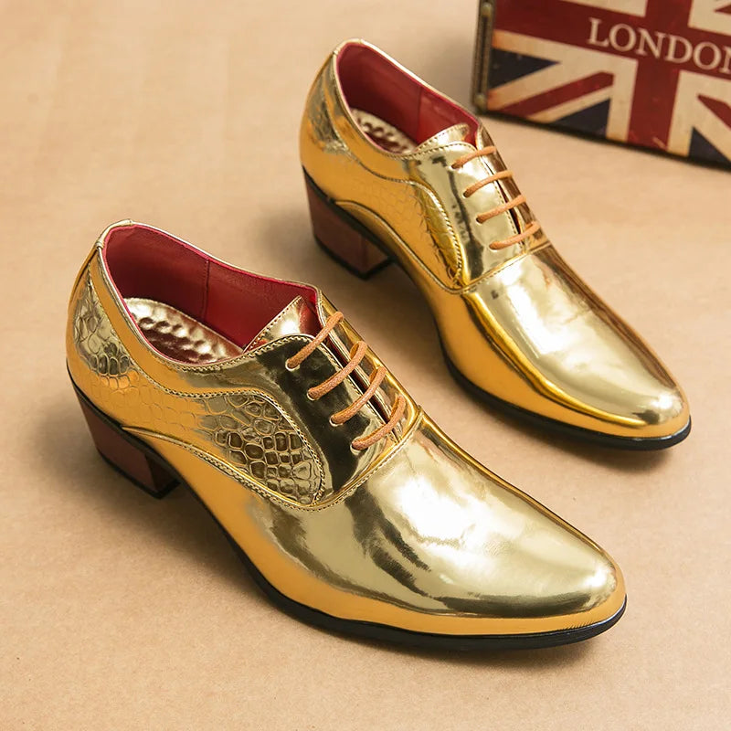 New 2025 Luxury Gold Men High Heel Leather Shoes Moccasins Designer Pointed Dress Shoes Men Wedding Formal Shoes Big Size 46