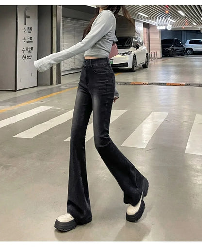Autumn Winter American Sle High Waist Slim Fit Drapey Micro Flared Jeans Women's Premium Denim Pants