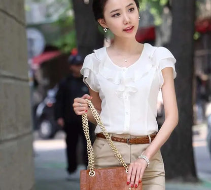 1pcs Woman Summer Korean Ruffled Shirt Lady Chiffon Lotus Leaf Sleeves Turndown Collar Slim Fit Shirt Female Business Attire Top