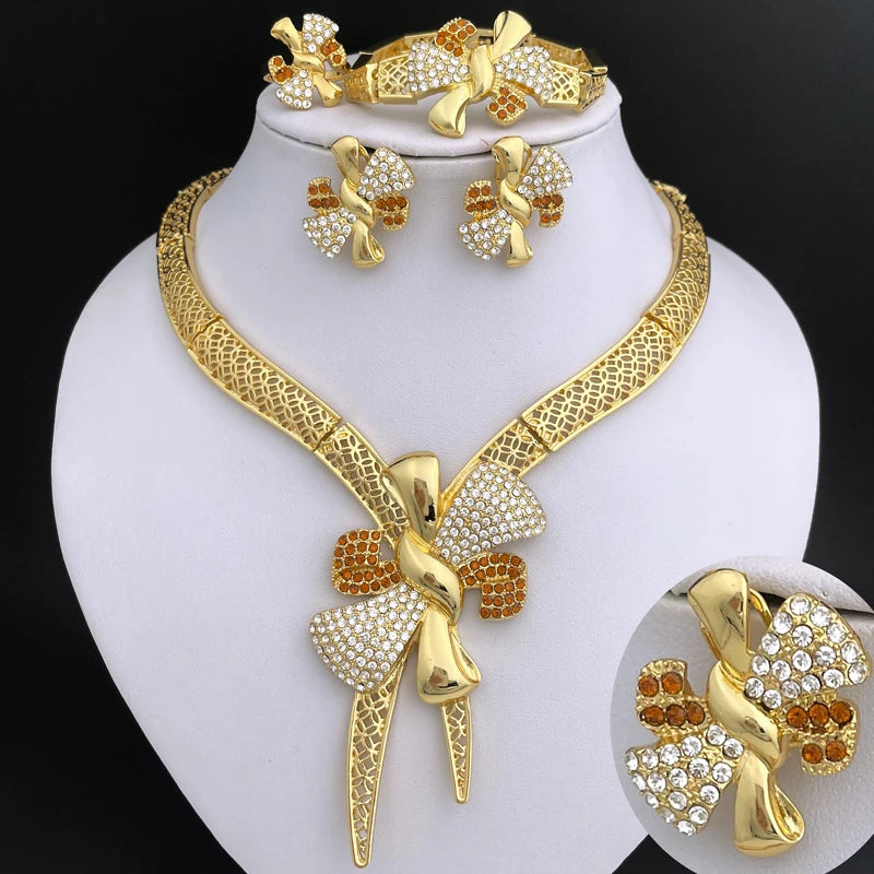 Conjunto de Joias Femininas Banhadas a Ouro 18k, Design Clássico, Colar, Brinco, Pulseira e Anel, Conjunto de 4 Peças, Joias para Festa de Casamento, Itália