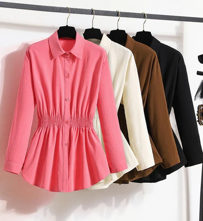 2026 Women's Plus Size Blouse Korean Style Spring Autumn Loose Elegant Casual Mid-length Tops Long Sleeved Waist Cinching Shirts