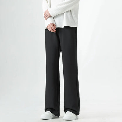 Men's Korean Fashion Small Flared Suit Pants Elastic Waist Drape Loose Straight Solid Color Business Office Casual Male Trousers