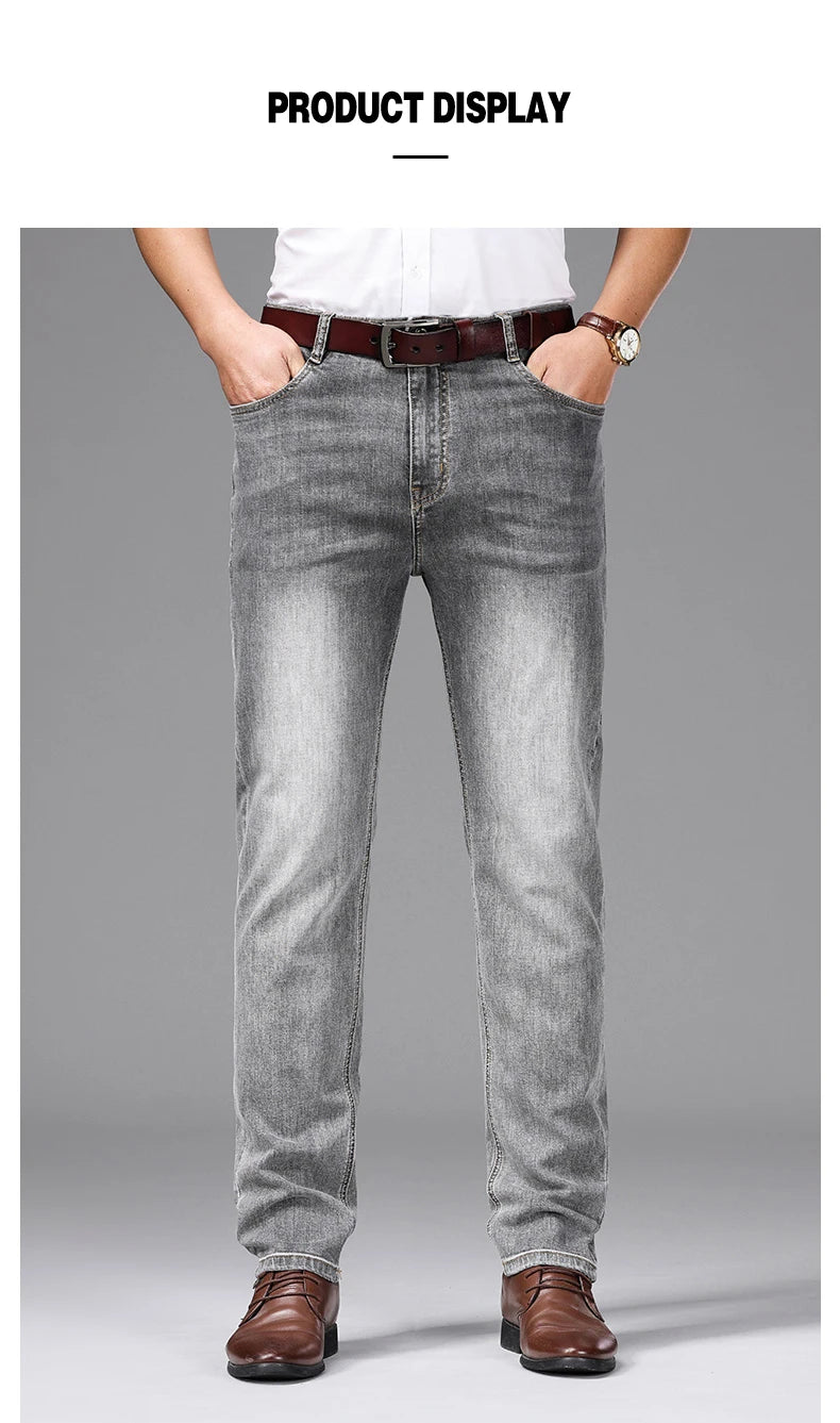 Spring/Summer 2023 Men's Gray Frayed Thin Jeans Classic Style Business Fashion Cotton Denim Stretch Pants Male Brand Trousers