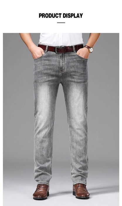 Spring/Summer 2023 Men's Gray Frayed Thin Jeans Classic Style Business Fashion Cotton Denim Stretch Pants Male Brand Trousers