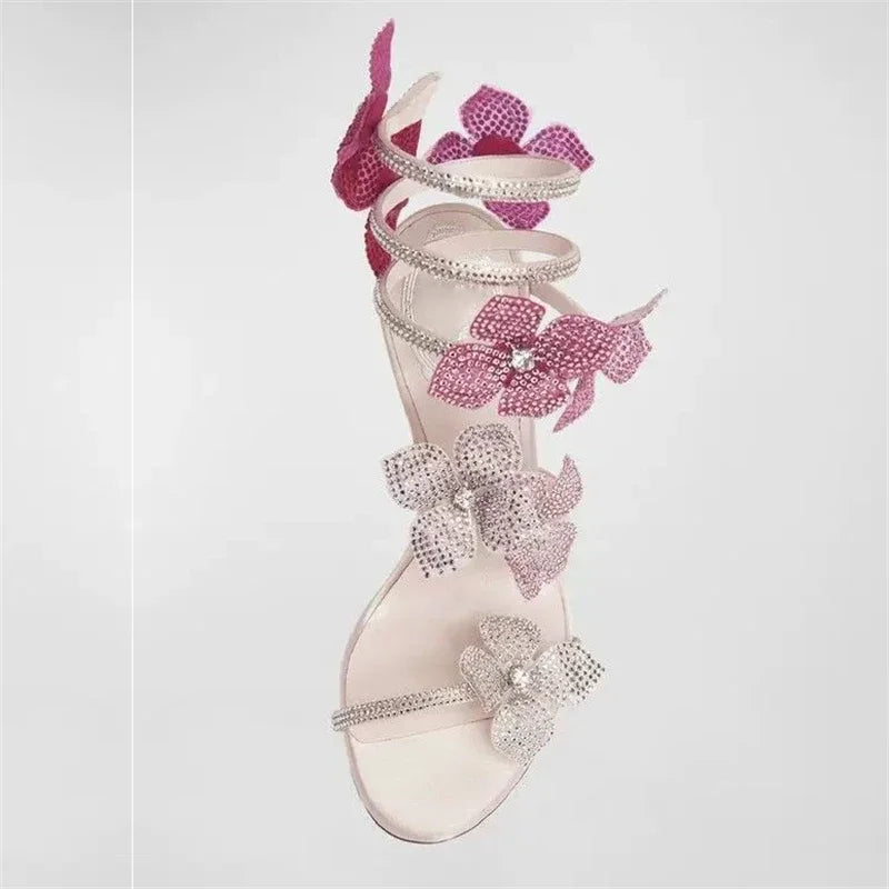 Luxury Designer Pink Flower Rhinestone High Heels Sandals Shoe Sexy Wrap Strap Open Toe Stripper Prom Party Ladies Shoes
