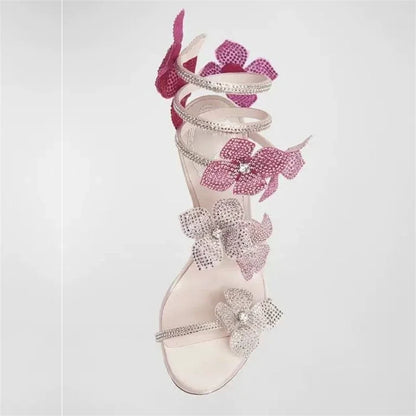 Luxury Designer Pink Flower Rhinestone High Heels Sandals Shoe Sexy Wrap Strap Open Toe Stripper Prom Party Ladies Shoes