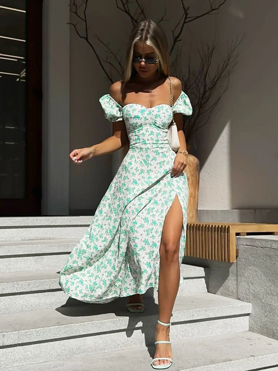 Women's Off Shoulder Floral Dress Summer New Fashionable Slit Long Slim Fit Print Dress Sexy Hot Girl Evening Dresses