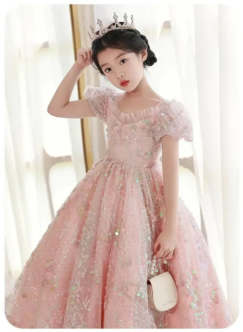Vestidos de noite infantis bordados de renda, longos vestidos de princesa, vestidos formais elegantes para meninas, vestidos de formatura 3-15 anos, roupas para festa de aniversário