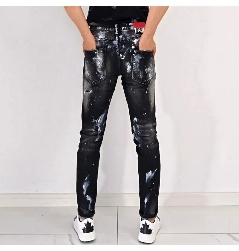Street fashion men's black gray jeans, high-quality stretch slim fit painted corrugated jeans designer retro hip-hop brand pants