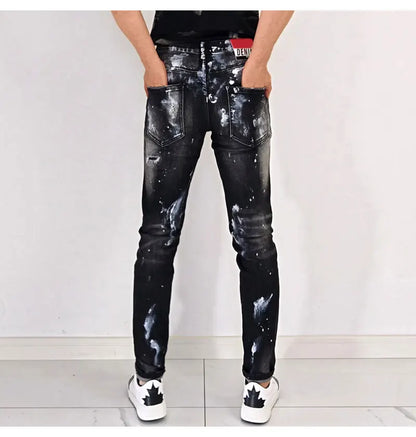 Street fashion men's black gray jeans, high-quality stretch slim fit painted corrugated jeans designer retro hip-hop brand pants