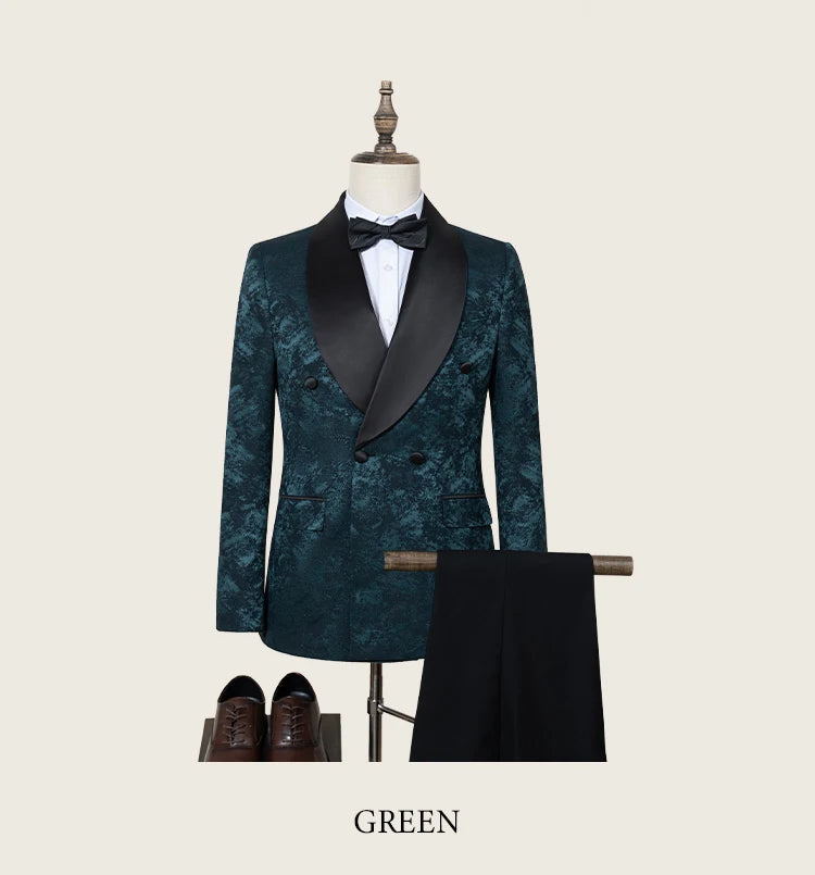 Luxury shawl collar 2-piece suit set men's party high-end business casual suit groom's wedding dress Jacquard pattern