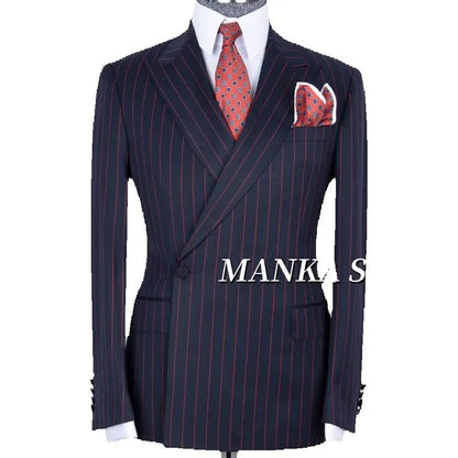 Peak Lapel Navy Blue Red Stripe Smart Casual Suits for Men Double Breasted Jacket Pants Formal Party Business Office  Man Suits