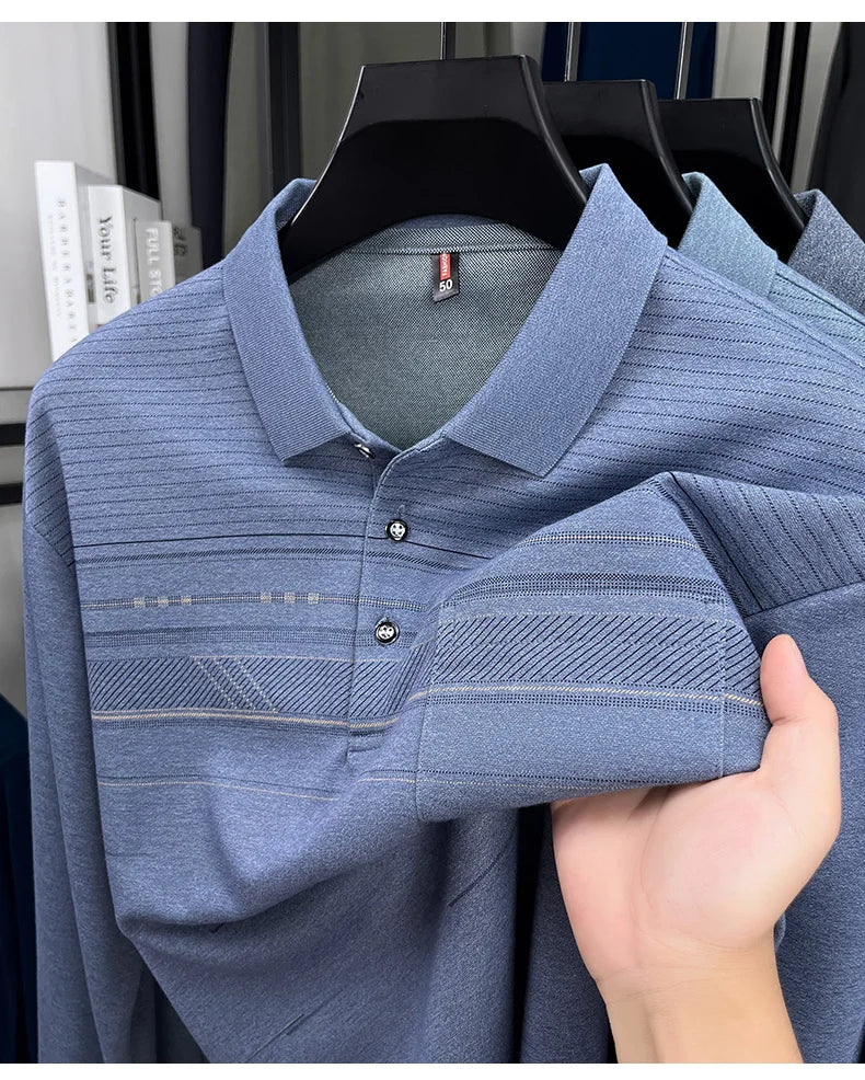 High quality striped printed long sleeve polo shirt men's fashion light luxury pocket autumn new business casual lapel T-shirt