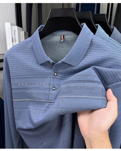 High quality striped printed long sleeve polo shirt men's fashion light luxury pocket autumn new business casual lapel T-shirt
