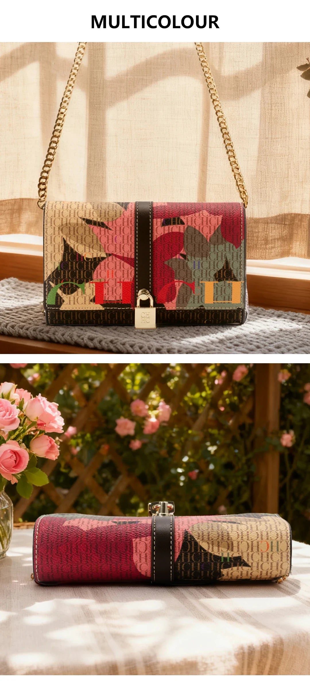 Chain Bag with Floral Letter Print Lock Design High Quality PU Material Women's 2025 Designer Shoulder Bag