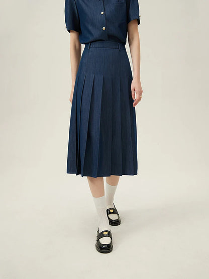 2025 New Arrival Women Zipper Waist Office Lady Elegant Grey Skirt Pleated Design Navy Blue Color Long Skirt Daily Outfits