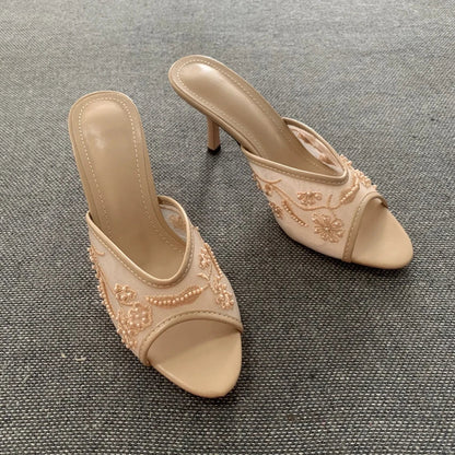2026 Elegant Brown String Bead Mesh Embroider Slippers Women Summer Sexy Peep Toe High Heels Mules Sandals Luxury Designer Shoes