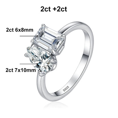 Pear Emerald Cut Moissanite Ring Engagement Rings for Women Two Stone 925 Sterling Silver with Gold Plated Wedding Band