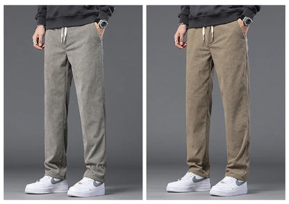 Straight Corduroy Classic Male Pants Khaki Black Gray Baggy Fashion Elastic Waist Trousers Soft Stretchy Casual Men's Clothing