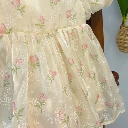 New Summer Princess Girls Dress Full Print Roses Flowers Pearl Inlay Decoration Puff Sleeve Bow Mesh Tutu Party Dresse For Kids