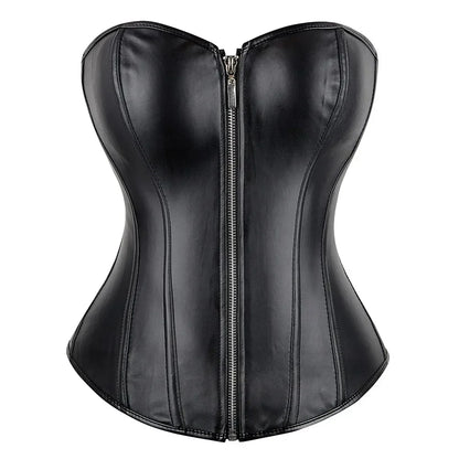 Red Black PU Leather Bustier Tops Zipper Steampunk Corset  Korset Overbust Body Shaper Women Sexy Basque