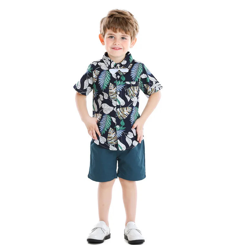 2026 Gentleman  Kids Boys Party Clothing Set Print Hawaii Style Short Sleeve Shirt +Short Pants Formal Suit Seaside Outfits 2Pcs
