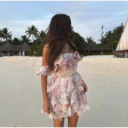 Fashion Flower Printed Ruffles Mini Dress For Women Chic Chiffon Bodycon High Waist Vestidos 2025 Lady Vacation Street Gowns New