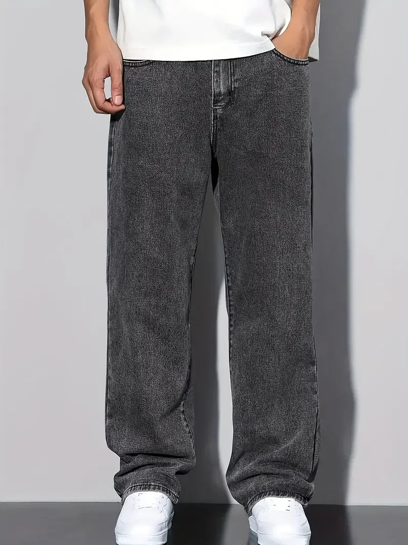 Streetwear Straight-Leg Jeans for Men, Fashionable Straight-Leg Loose-Fit Denim Pants