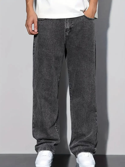 Streetwear Straight-Leg Jeans for Men, Fashionable Straight-Leg Loose-Fit Denim Pants