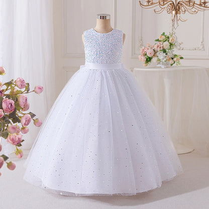 Vestidos de Festa de Daminha de Verão com Lantejoulas para Meninas Elegante Laço Vestido de Aniversário de Casamento para Meninas Baile de Formatura Gala Concurso Noite Roupa Infantil