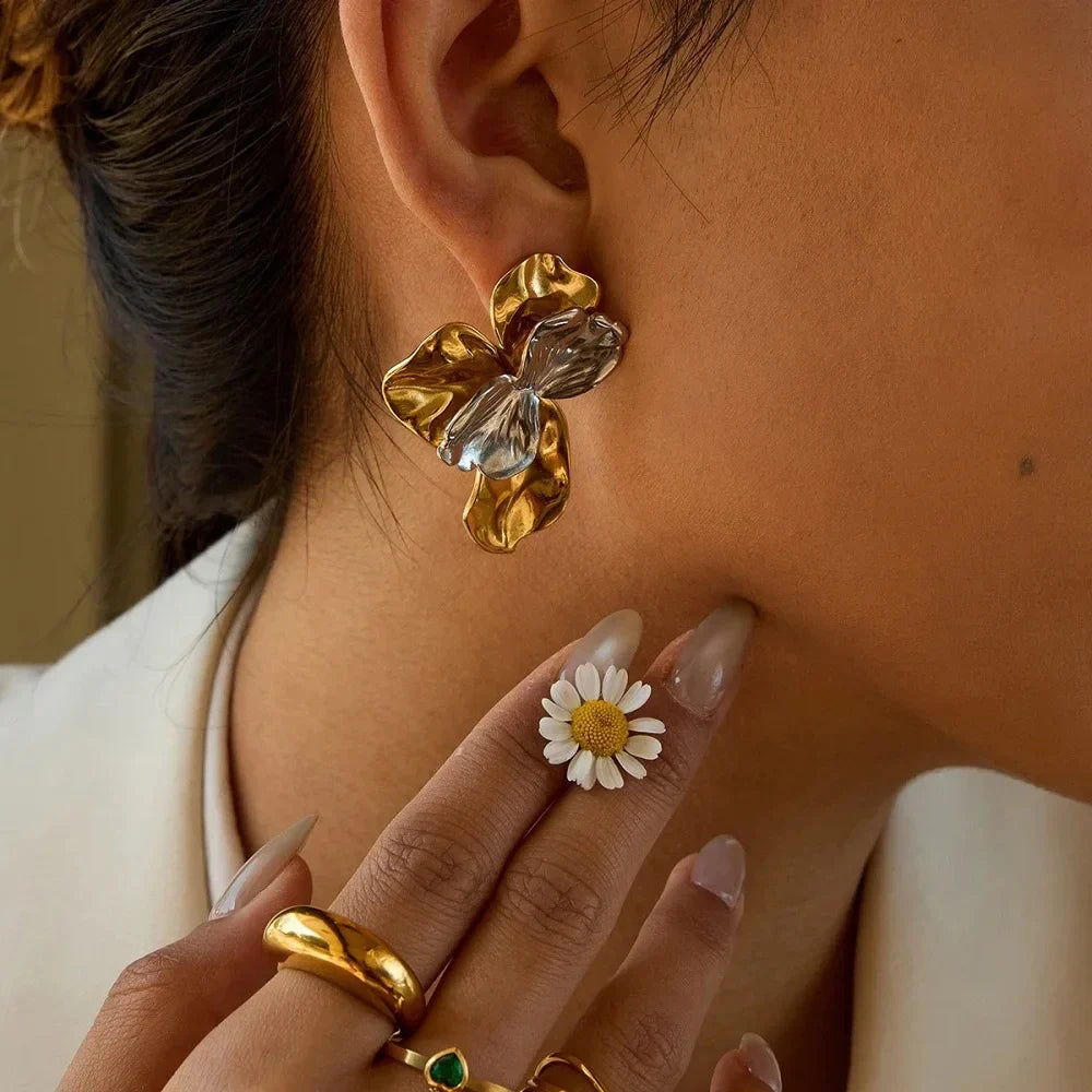 Two Tone Flower Stud Earrings For Women's Stainless steel 18K Gold Plated Fashion Dating E251745