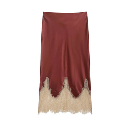 Women Lace Patchwork Midi Skirt Slim High Waist Satin Skirts Summer Trend Woman Elegant Evening Party Chic Skirts ﻿Mujer