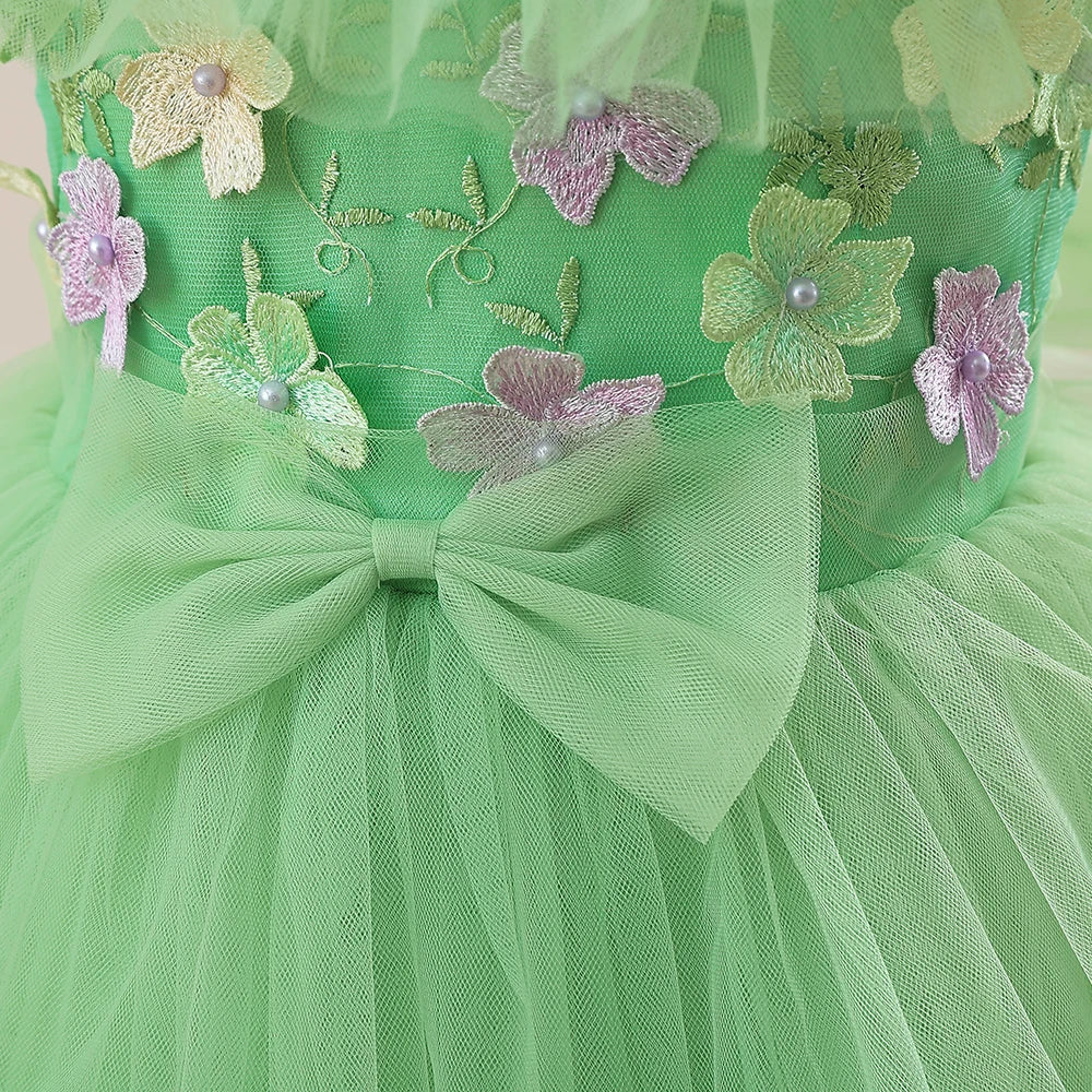Summer Flower Embroidery Party Bridesmaid Girls Dresses Elegant Tulle Birthday Princess Dress Girls Bow Wedding Prom Kids Clothe