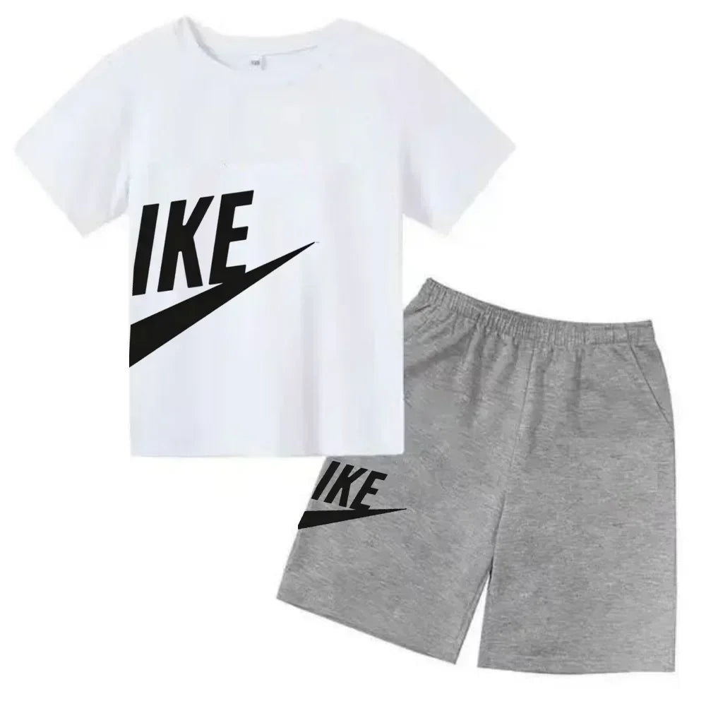 Fashion Sport 2Pcs Outfit, Printed Short Sleeve Tee and Shorts, Comfortable Summer Tracksuit for Boys Girls