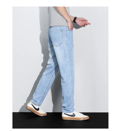 Men's Ice Silk Denim Cargo Pants Summer New Thin Business Casual Jeans Outdoor Y2K All Match Slim Fit Straight Elastic Jean Male